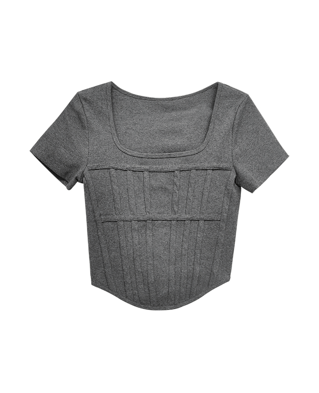 스퀘어넥 반팔 크롭 니트 티셔츠 탑 심플 허리 트임 줄무늬 디자인 여리핏