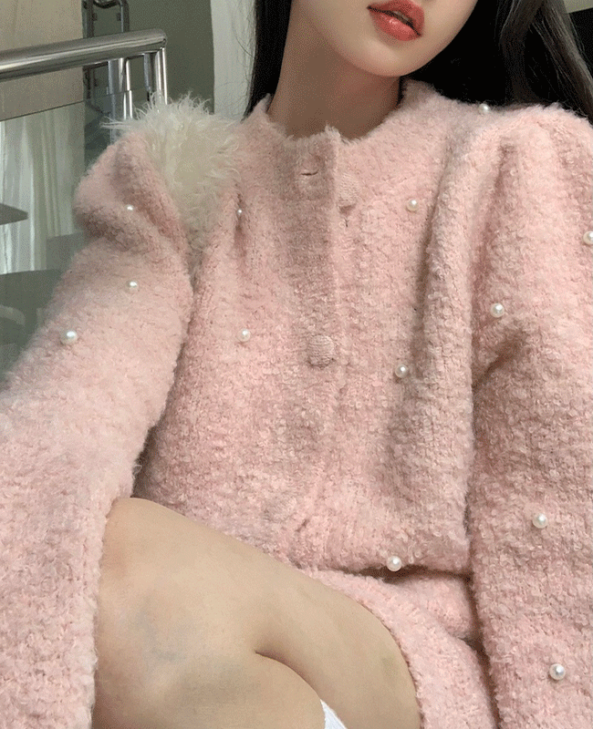 [겨울자켓/세트추천] 루즈핏 진주 앙고라 핑크 가디건 자켓