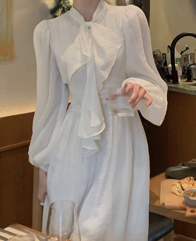 [봄신상/XS~] 프릴 스카프 린넨 롱원피스 퍼프소매 긴팔 봄원피스 셀프웨딩 브라이덜샤워 드레스