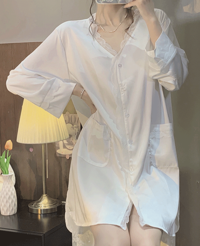 섹시 잠옷 실크 새틴 레이스 노카라자켓 셔츠원피스 속옷 슬립 파자마 란제리 홈웨어